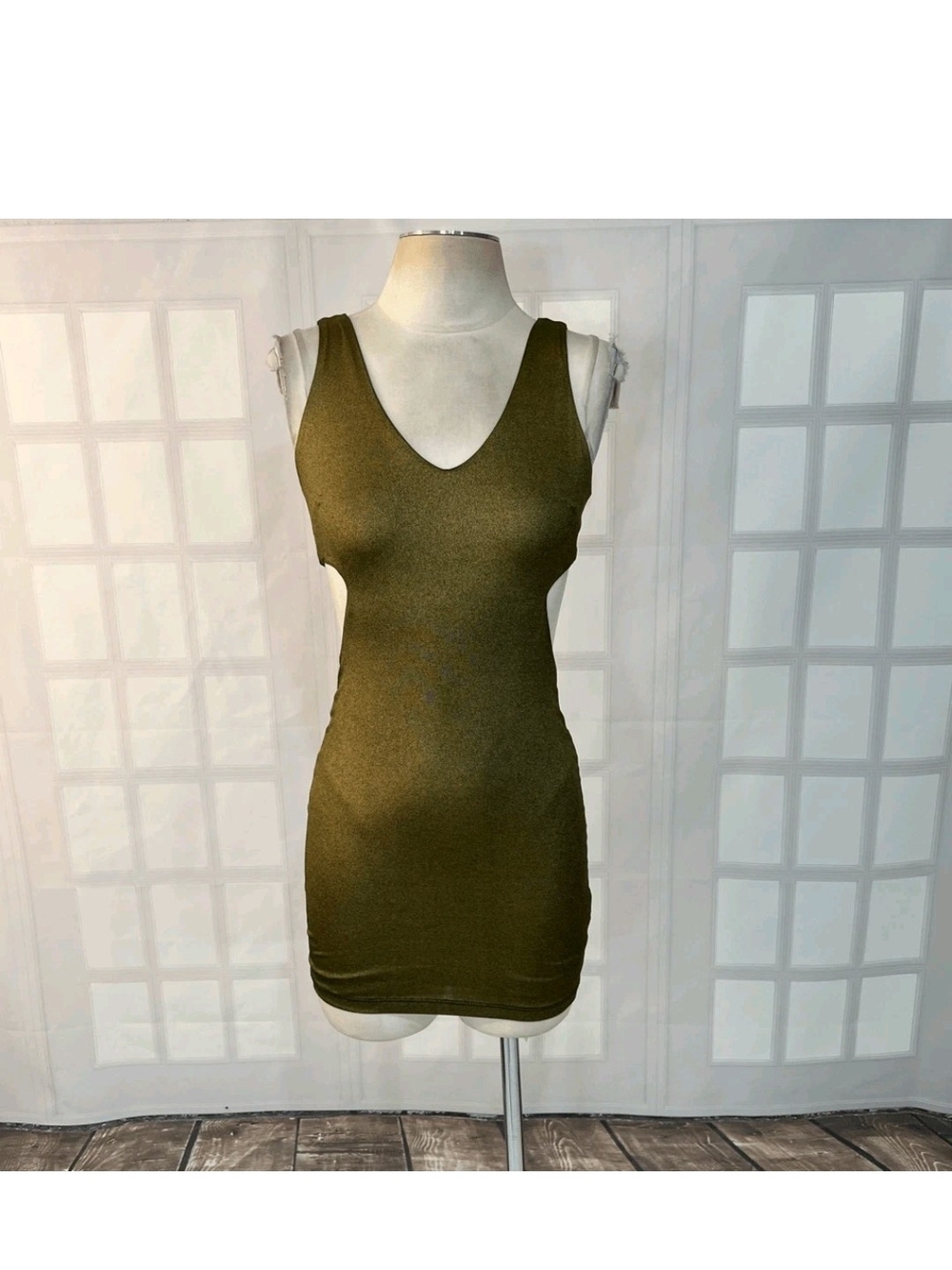 bebe Metallic Gold Bodycon Mini Dress With Cut Out Sides And Back - Picture 2 of 6